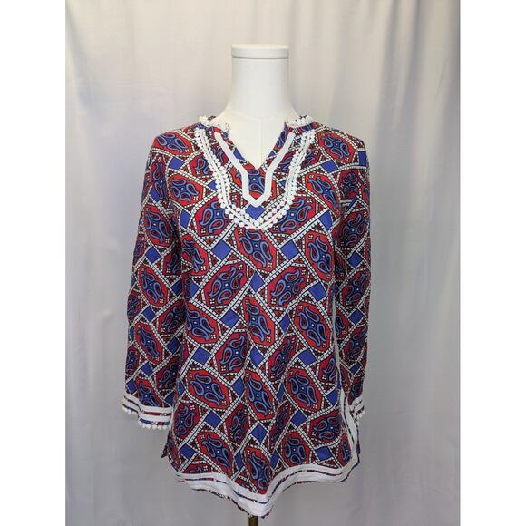 Talbots Paisley Tunic Top Womens Small 3/4 Sleeve Patriotic Red White Blue Shirt - Picture 1 of 11